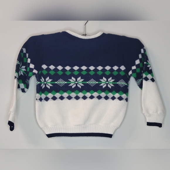 Vintage Retro 80s 90s Bull Frog Navy Blue Green White Snowflake Abstract Sweater - Picture 5 of 8